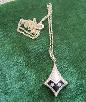 10k gold seed pearl, diamond & enamel vintage Deco star necklace pendant
