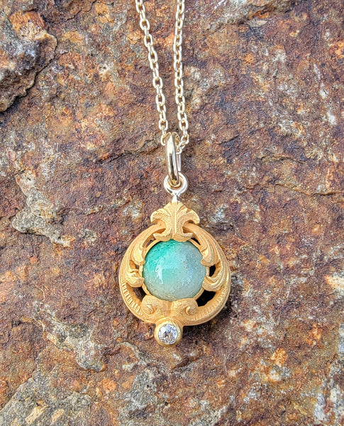 10k gold jade & diamond nouveau necklace pendant