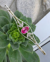 14k gold created pink sapphire & rose cut diamond Edwardian pin brooch