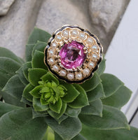 14k gold pink sapphire, enamel, and pearl halo estate flower ring