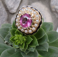 14k gold pink sapphire, enamel, and pearl halo estate flower ring