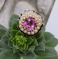 14k gold pink sapphire, enamel, and pearl halo estate flower ring