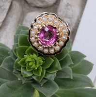 14k gold pink sapphire, enamel, and pearl halo estate flower ring