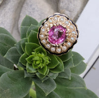 14k gold pink sapphire, enamel, and pearl halo estate flower ring