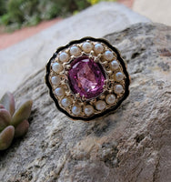 14k gold pink sapphire, enamel, and pearl halo estate flower ring