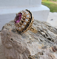 14k gold pink sapphire, enamel, and pearl halo estate flower ring