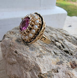 14k gold pink sapphire, enamel, and pearl halo estate flower ring