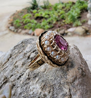 14k gold pink sapphire, enamel, and pearl halo estate flower ring