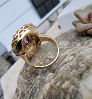 14k gold pink sapphire, enamel, and pearl halo estate flower ring