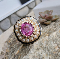 14k gold pink sapphire, enamel, and pearl halo estate flower ring