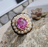 14k gold pink sapphire, enamel, and pearl halo estate flower ring