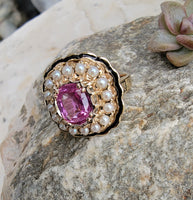 14k gold pink sapphire, enamel, and pearl halo estate flower ring