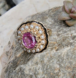 14k gold pink sapphire, enamel, and pearl halo estate flower ring