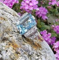 14k gold two tone Art Deco Aquamarine & Diamond estate Ring