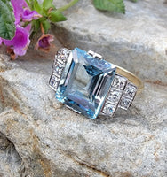 14k gold two tone Art Deco Aquamarine & Diamond estate Ring