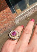 14k gold pink sapphire, enamel, and pearl halo estate flower ring