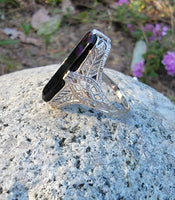 14k white gold dragonfly filigree Deco Black Onyx & Diamond Ring