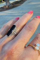 14k white gold dragonfly filigree Deco Black Onyx & Diamond Ring