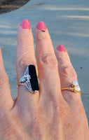 14k white gold dragonfly filigree Deco Black Onyx & Diamond Ring