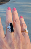 14k white gold dragonfly filigree Deco Black Onyx & Diamond Ring