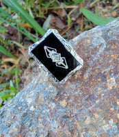 14k white gold filigree Deco Black Onyx & Diamond Ring