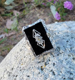 14k white gold filigree Deco Black Onyx & Diamond Ring