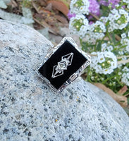 14k white gold filigree Deco Black Onyx & Diamond Ring