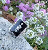14k white gold filigree Deco Black Onyx & Diamond Ring