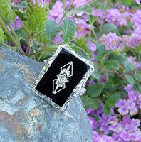 14k white gold filigree Deco Black Onyx & Diamond Ring
