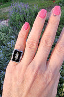 14k white gold filigree Deco Black Onyx & Diamond Ring