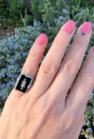 14k white gold filigree Deco Black Onyx & Diamond Ring