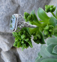 14k white gold c.1920's filigree Aquamarine ring