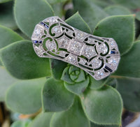 platinum & 14k gold Art Deco blue sapphire & diamond pin brooch