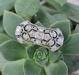 platinum & 14k gold Art Deco blue sapphire & diamond pin brooch