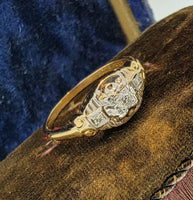 14k gold two tone Deco c.1930's 3 diamond estate ring