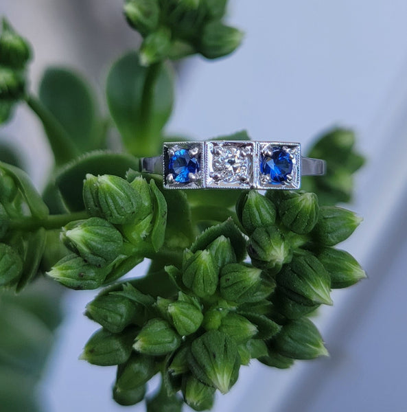 blue sapphire & European cut diamond Deco vintage band