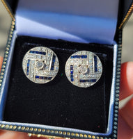 Art Deco silver top & 9ct gold 58 diamond and sapphire stud earrings