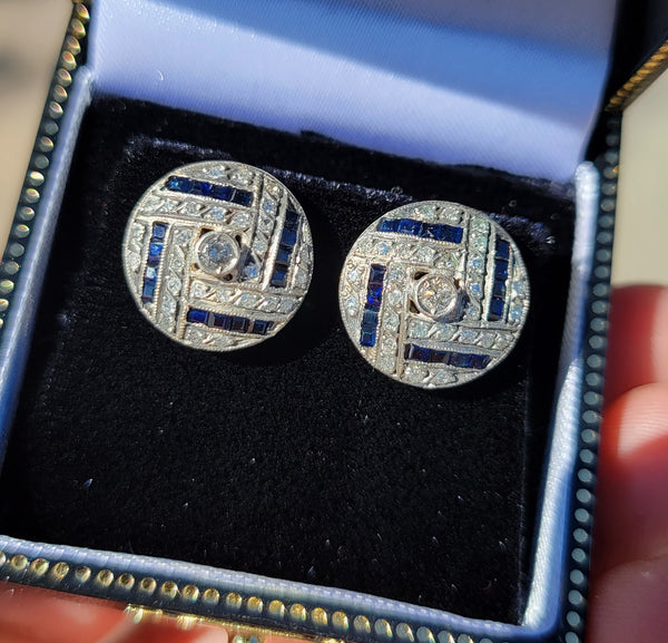 Art Deco silver top & 9ct gold 58 diamond and sapphire stud earrings