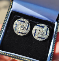 Art Deco silver top & 9ct gold 58 diamond and sapphire stud earrings