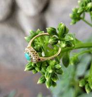 14k yellow gold Edwardian turquoise & mine cut diamond halo ring