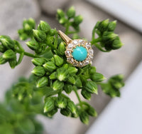 14k yellow gold Edwardian turquoise & mine cut diamond halo ring