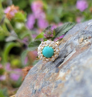 14k yellow gold Edwardian turquoise & mine cut diamond halo ring
