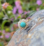 14k yellow gold Edwardian turquoise & mine cut diamond halo ring
