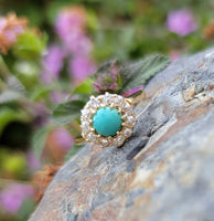 14k yellow gold Edwardian turquoise & mine cut diamond halo ring
