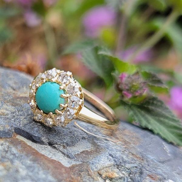 14k yellow gold Edwardian turquoise & mine cut diamond halo ring