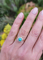 14k yellow gold Edwardian turquoise & mine cut diamond halo ring