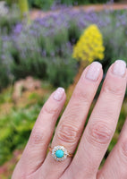 14k yellow gold Edwardian turquoise & mine cut diamond halo ring