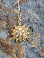 14k gold Victorian mine & rose cut diamond & pearl starburst necklace pendant lavaliere