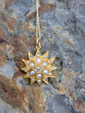 14k gold Victorian mine & rose cut diamond & pearl starburst necklace pendant lavaliere