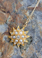 14k gold Victorian mine & rose cut diamond & pearl starburst necklace pendant lavaliere